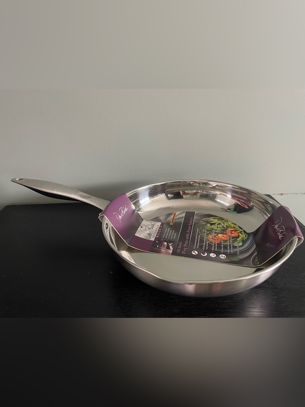 David Burke Regency 10 Inch Stainless Steel Fry Pan W Pour Spouts Up to 400F NEW